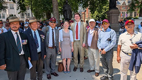 David Chadwick MP and Helen Maguire MP with Gurka veterans outside Westminster