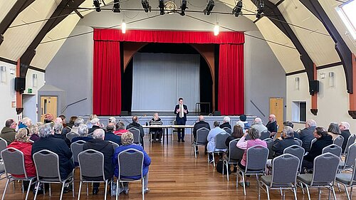 David Chadwick MP talking to park home residents in Builth Wells