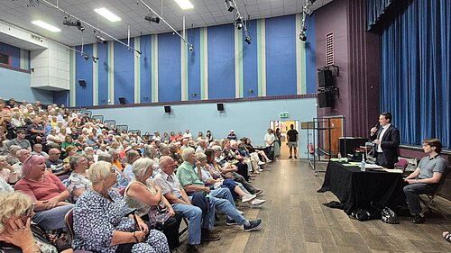David Chadwick addressing a large crowd in the Miner's welfare hall