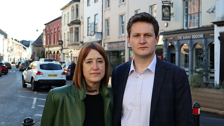 David and Jane in Brecon town centre looking angry